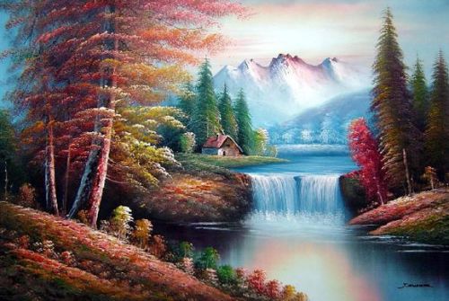 Oil PaintingͻƷ Small Water Fall in Golden Autumn